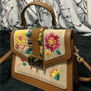 Aldo Brown Floral Embroidered Crossbody Bag